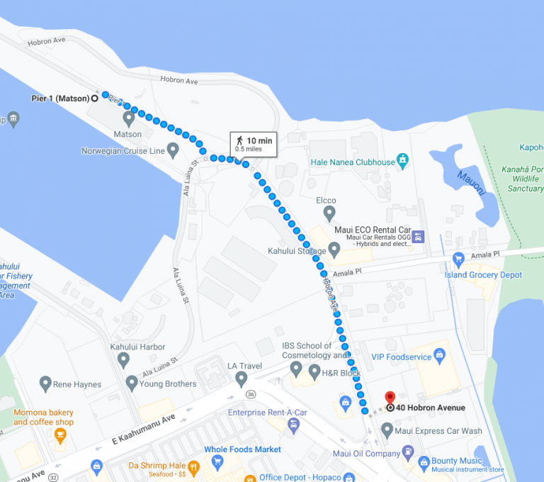 Distance from Kahului Harbor to 40 Hobron Avenue (Maui EVs), 10 minute walk or .5 mile.