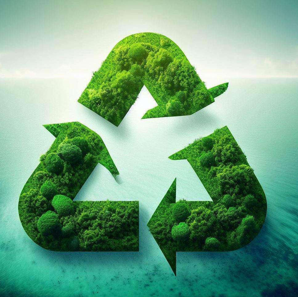 Green sustainable island art shaped like recycle triangle