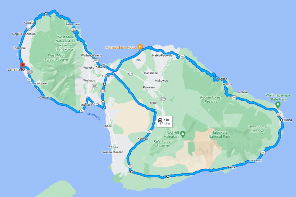 Driving the circumference of Maui, as much as possible by road, is only about 187 miles