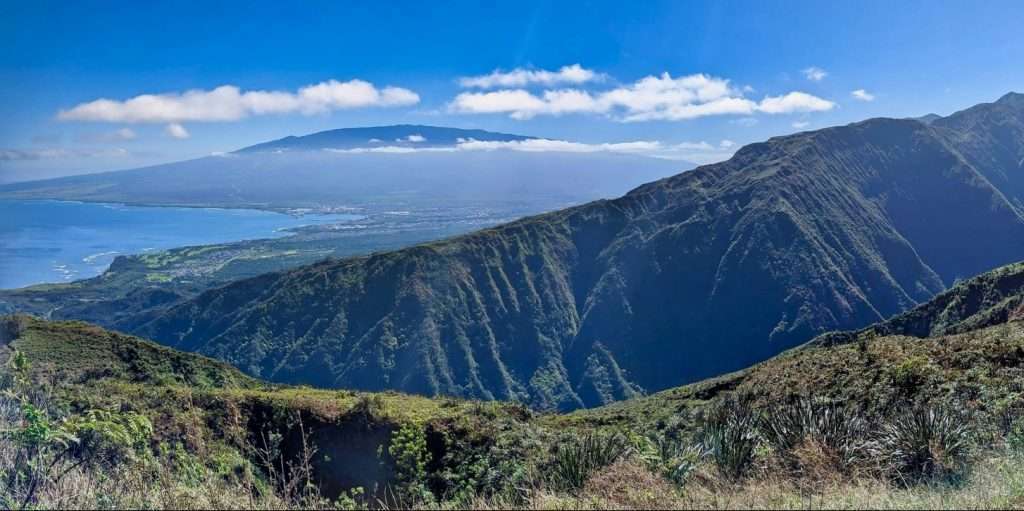 A view of the ridge with the town in the background and ocean to the left along the Waihe'e Ridge Trail.