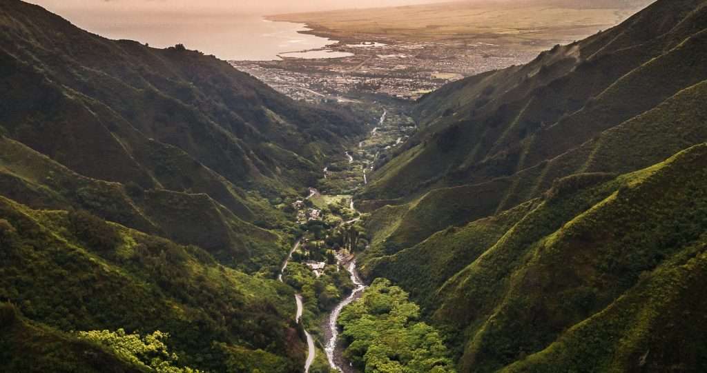 Iao Valley aerial view with the town of Wailuku in the background