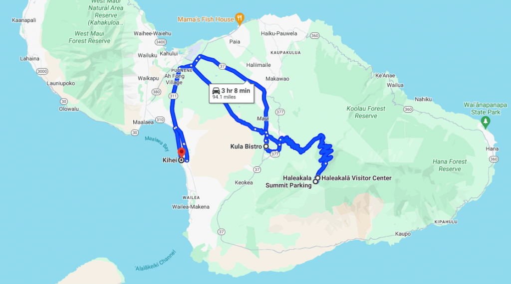 Map showing our round trip Haleakala sunset adventure, starting from Kihei, to Kula Bistro, the Sliding Sands trail at the second Haleakala Visitor center, and finally to Haleakala Summit.