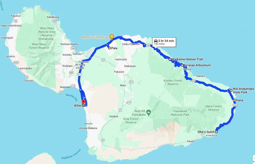 Road to Hana Map showing round trip to ʻOheʻo Gulch (Seven Sacred Pools) and back to Kihei